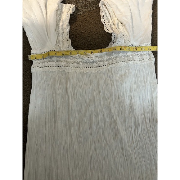 Doen Square neckline with crochet scallop trim, flutter sleeves, pleated Dress L - Picture 13 of 14